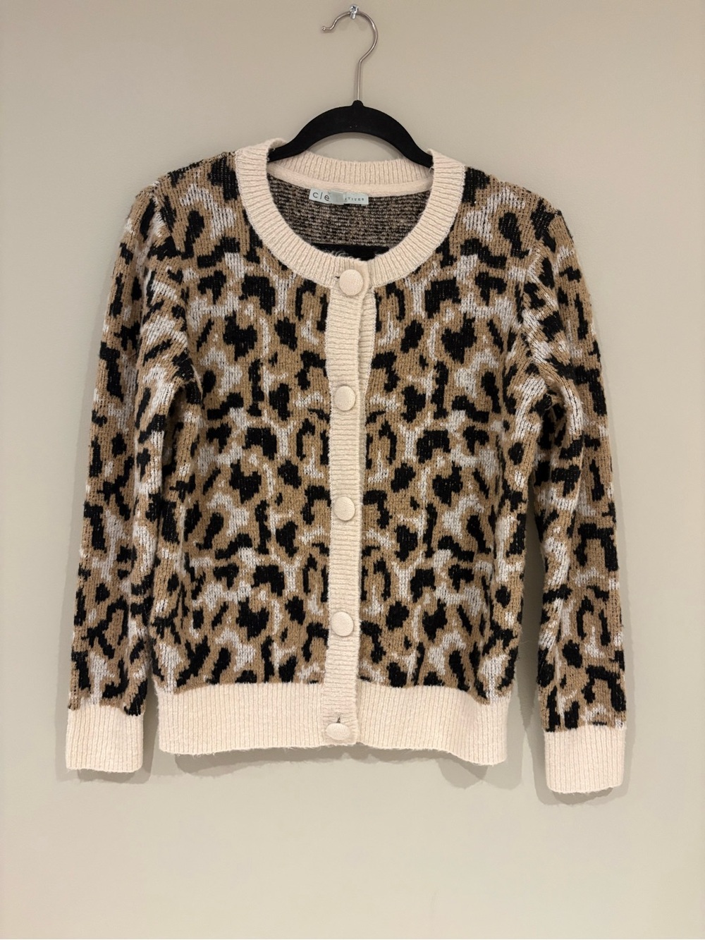 cleo Leopard-Print Button Cardigan in Cream and Brown